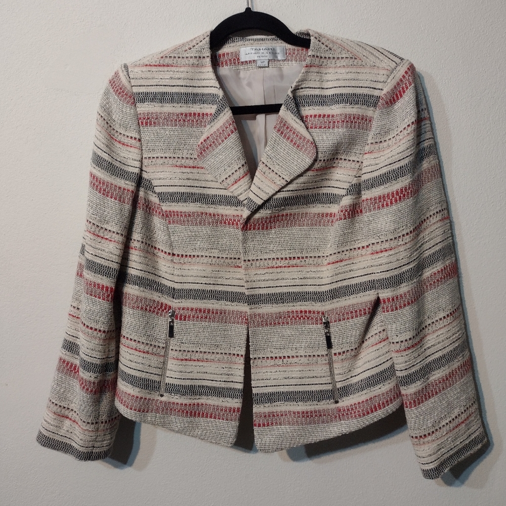 Tahari neutral pop of red open front blazer dual zip pockets 10 Petite